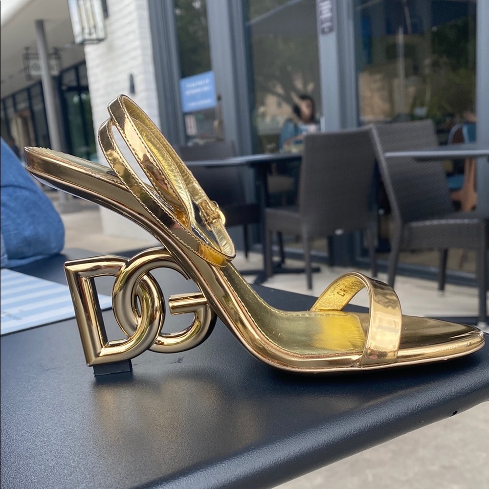 Dolce & Gabbana Gold Heeled Sandals with Logo Design - 1 LEFT SHOE